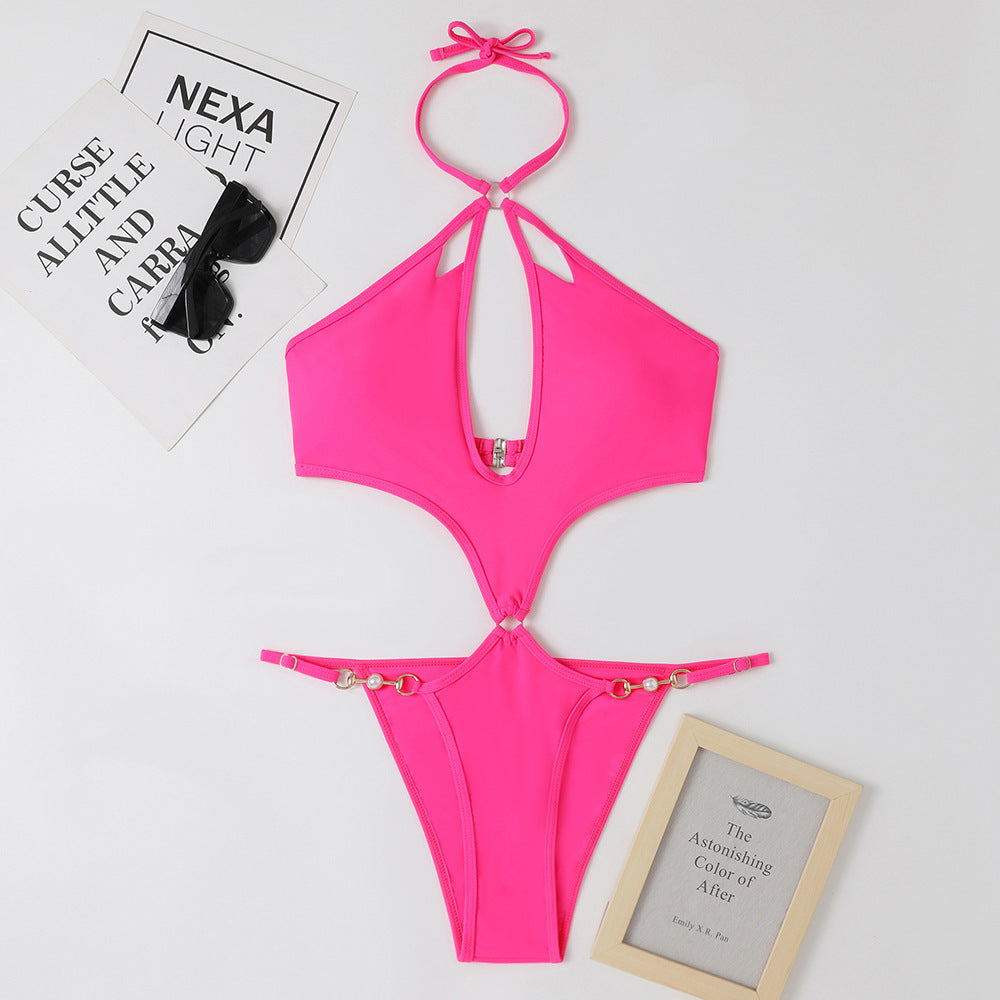 Halter Keyhole Cutout Chain Swimsuit - Hot_pink - 1