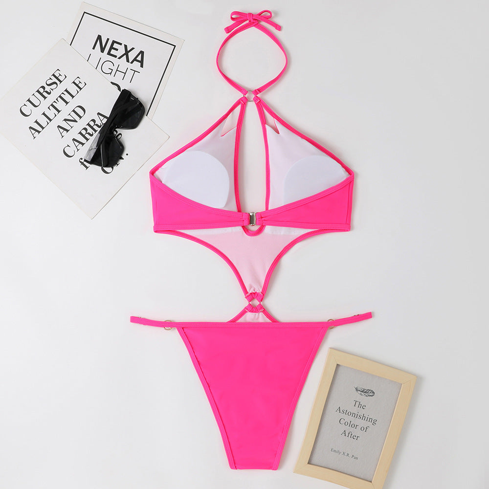 Halter Keyhole Cutout Chain Swimsuit - Hot_pink - 2