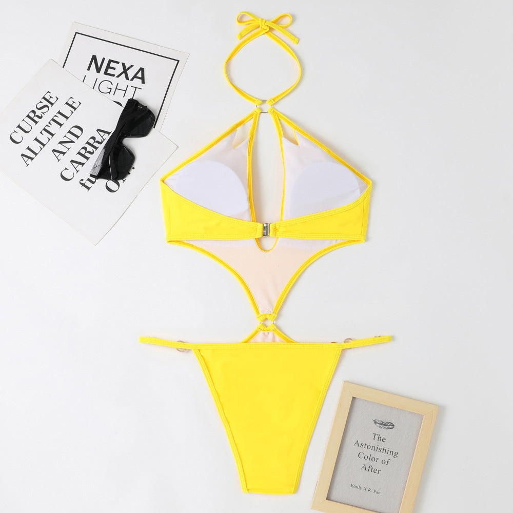 Halter Keyhole Cutout Chain Swimsuit - Yellow - 2