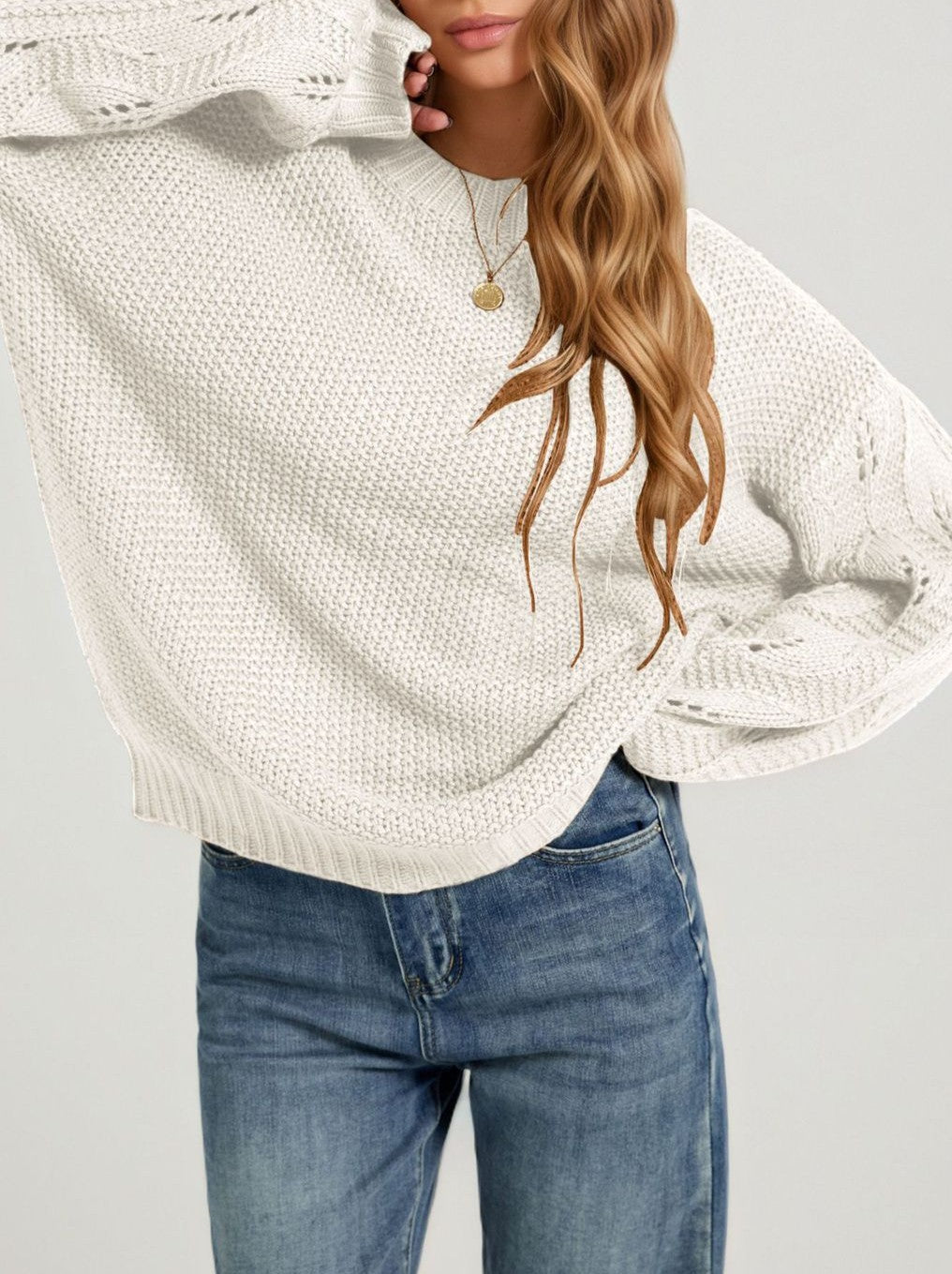 Balloon Sleeve Pointelle Oversized Knit Sweater - Apricot