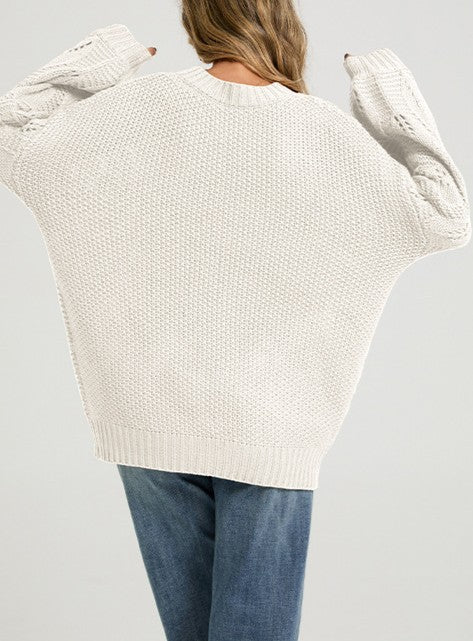 Balloon Sleeve Pointelle Oversized Knit Sweater - Apricot - 1