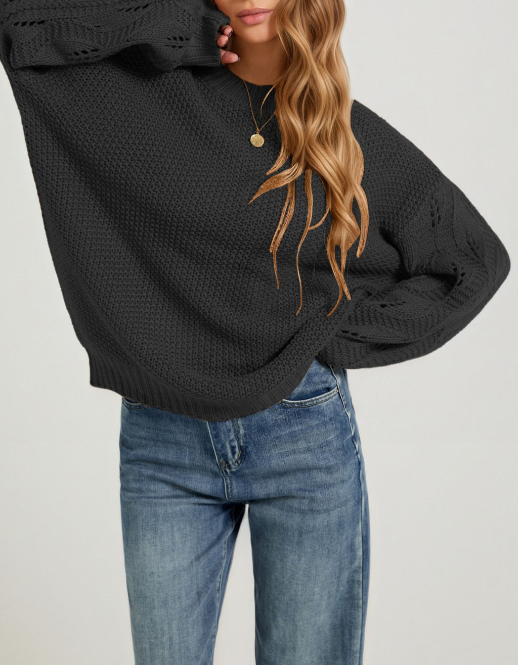 Balloon Sleeve Pointelle Oversized Knit Sweater - Black