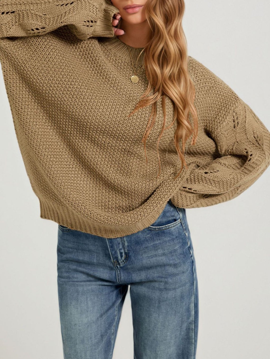 Balloon Sleeve Pointelle Oversized Knit Sweater - Khaki