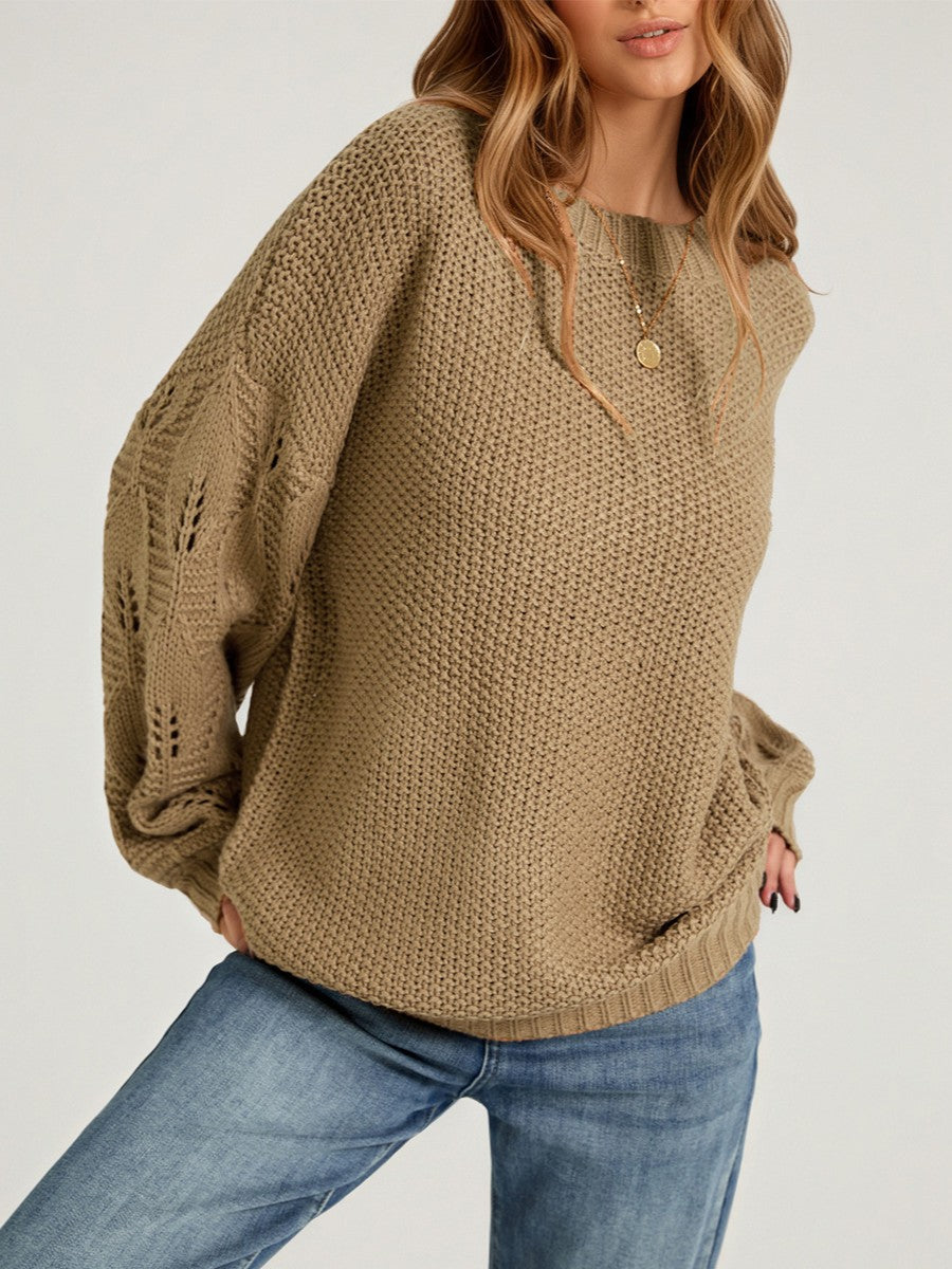 Balloon Sleeve Pointelle Oversized Knit Sweater - Khaki - 1
