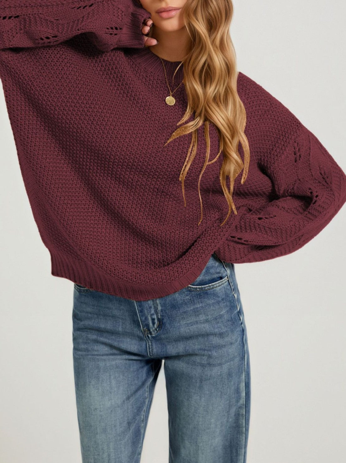 Balloon Sleeve Pointelle Oversized Knit Sweater - Winered