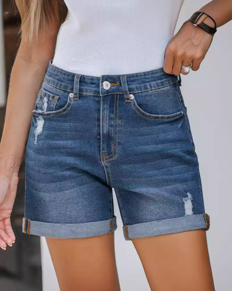 Rolled Cuff Distressed Denim Shorts - Blue