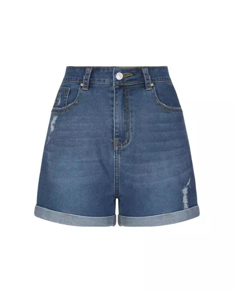 Rolled Cuff Distressed Denim Shorts - Blue - 1