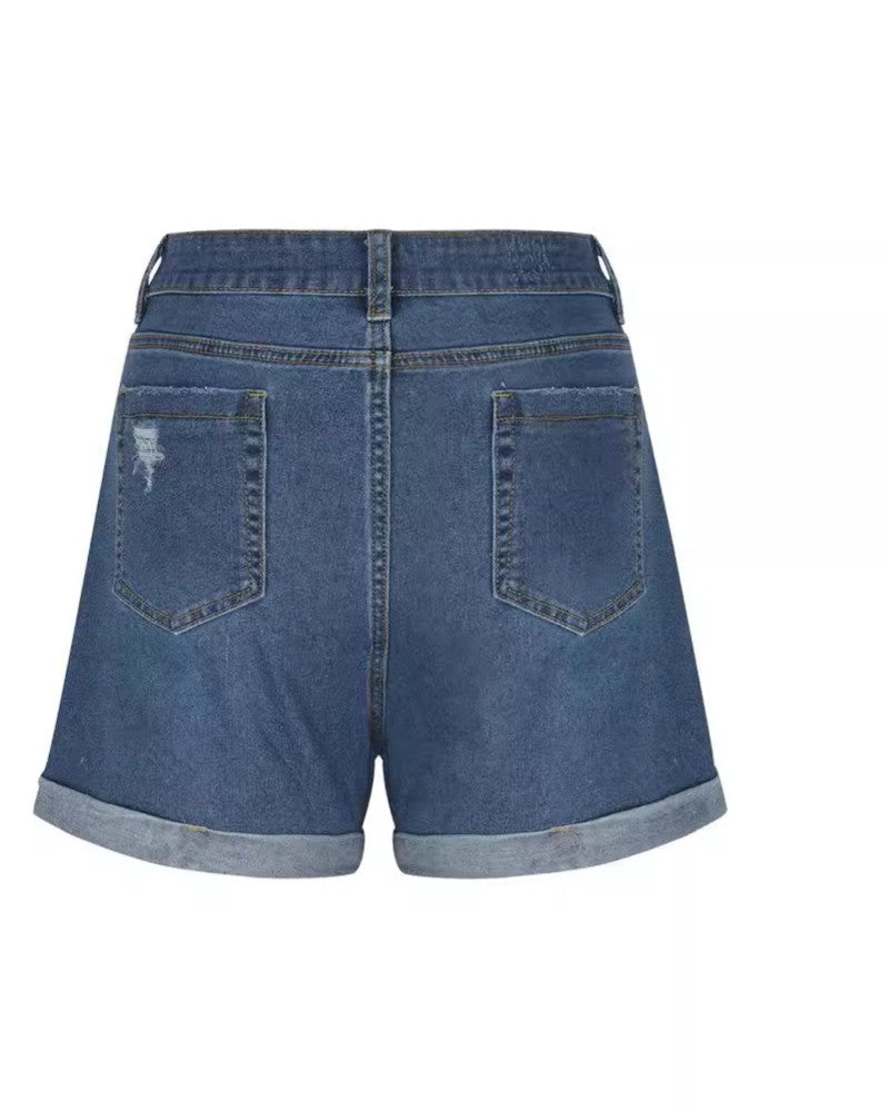 Rolled Cuff Distressed Denim Shorts - Blue - 2