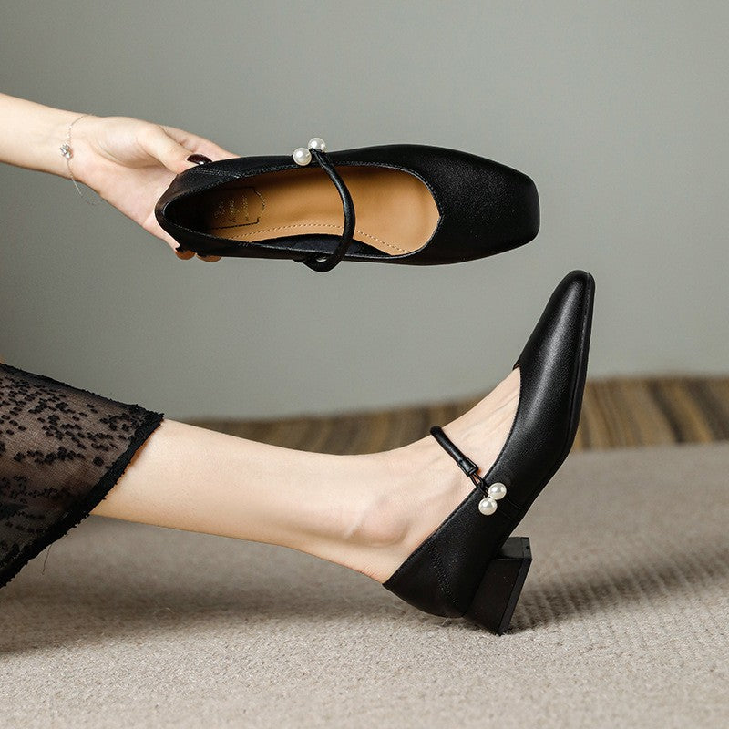 Square Toe Pearl Strap Block Heel Mary Janes - Black 3cm