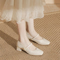 Square Toe Pearl Strap Block Heel Mary Janes - Cream 5cm
