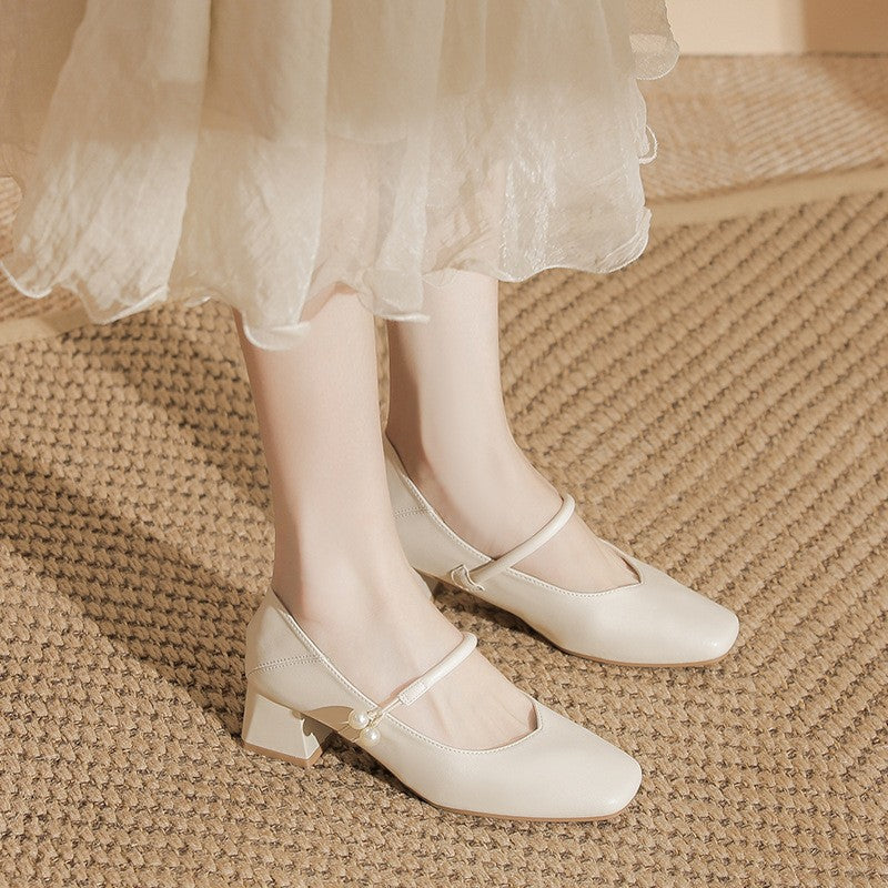 Square Toe Pearl Strap Block Heel Mary Janes - Cream 5cm