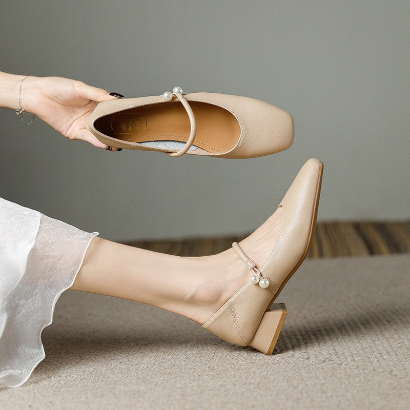 Square Toe Pearl Strap Block Heel Mary Janes - Nude 3cm