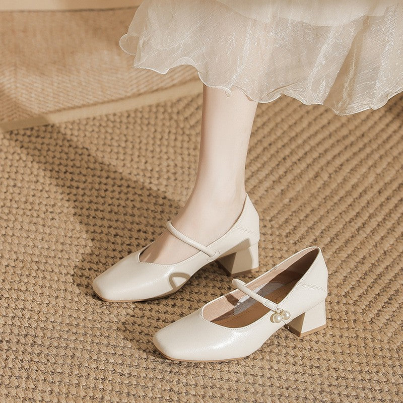 Square Toe Pearl Strap Block Heel Mary Janes