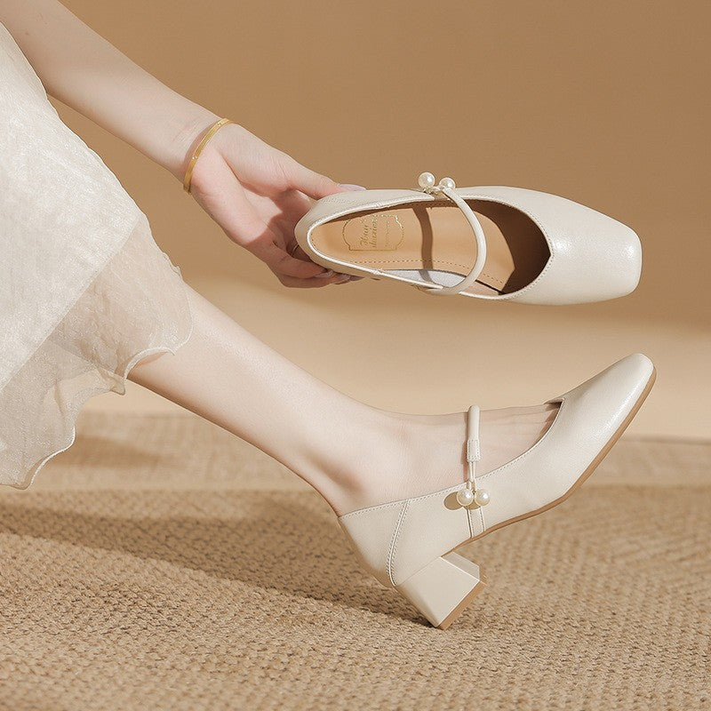 Square Toe Pearl Strap Block Heel Mary Janes