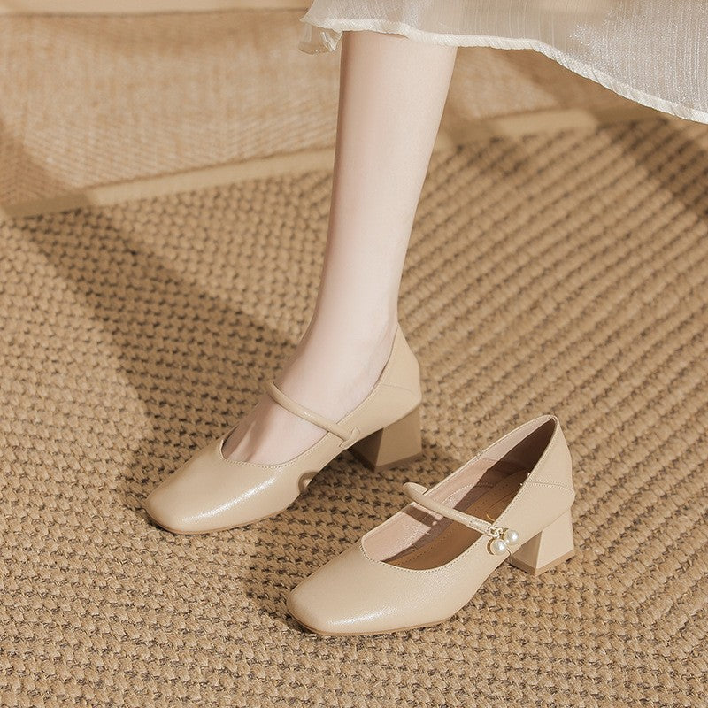 Square Toe Pearl Strap Block Heel Mary Janes