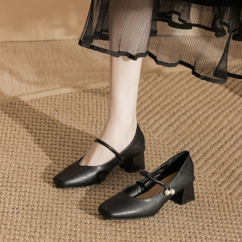 Square Toe Pearl Strap Block Heel Mary Janes