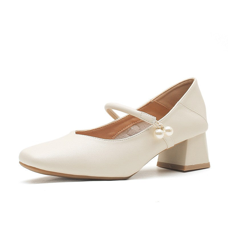 Square Toe Pearl Strap Block Heel Mary Janes