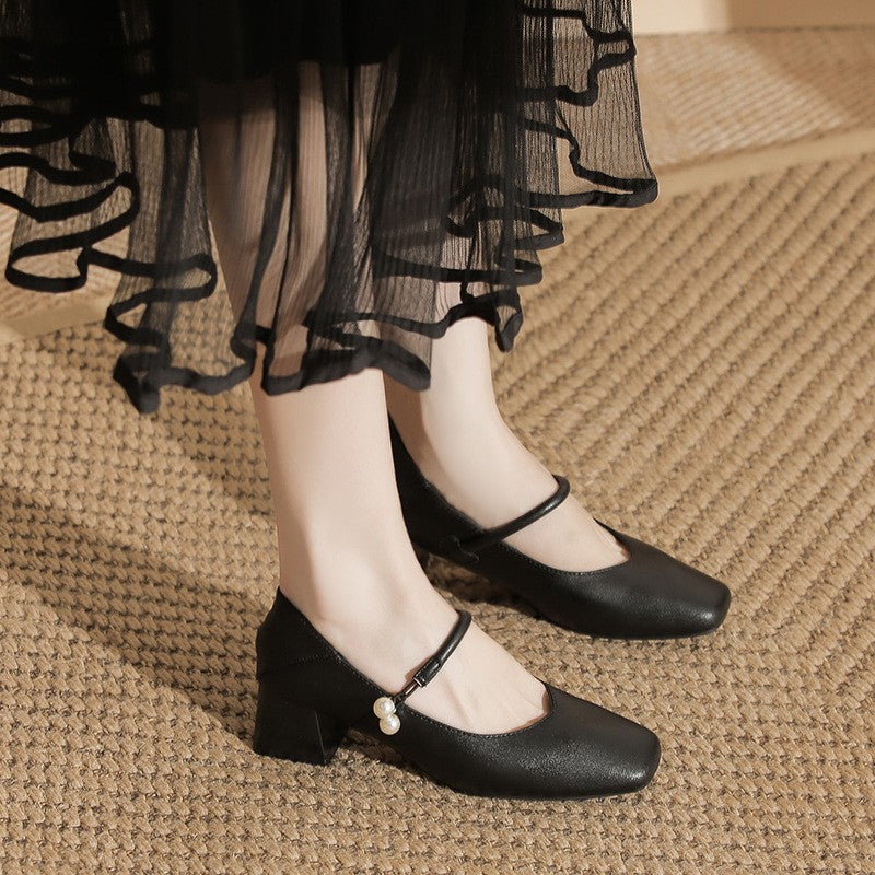 Square Toe Pearl Strap Block Heel Mary Janes