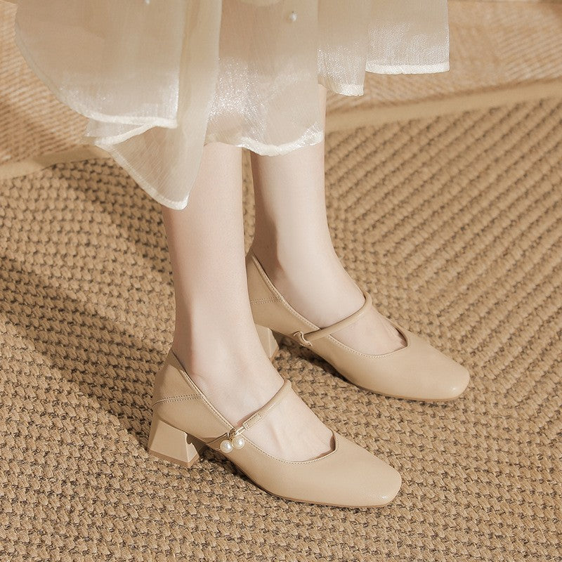 Square Toe Pearl Strap Block Heel Mary Janes