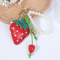 Puffy Strawberry Keychain With Pearl Wristlet - Red