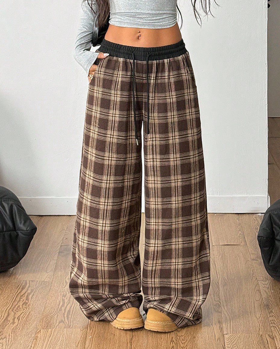 Checked Wide Leg Pants With Elastic Waist - Dark-Brown