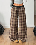Checked Wide Leg Pants With Elastic Waist - Dark-Brown