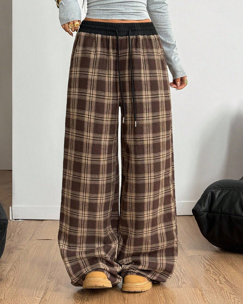 Checked Wide Leg Pants With Elastic Waist - Dark-Brown - 1