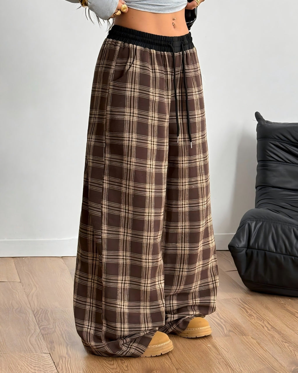 Checked Wide Leg Pants With Elastic Waist - Dark-Brown - 2