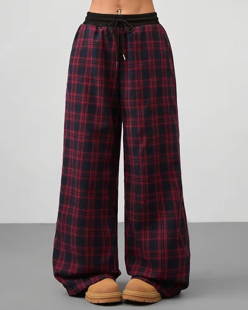 Checked Wide Leg Pants With Elastic Waist - Wine-Red