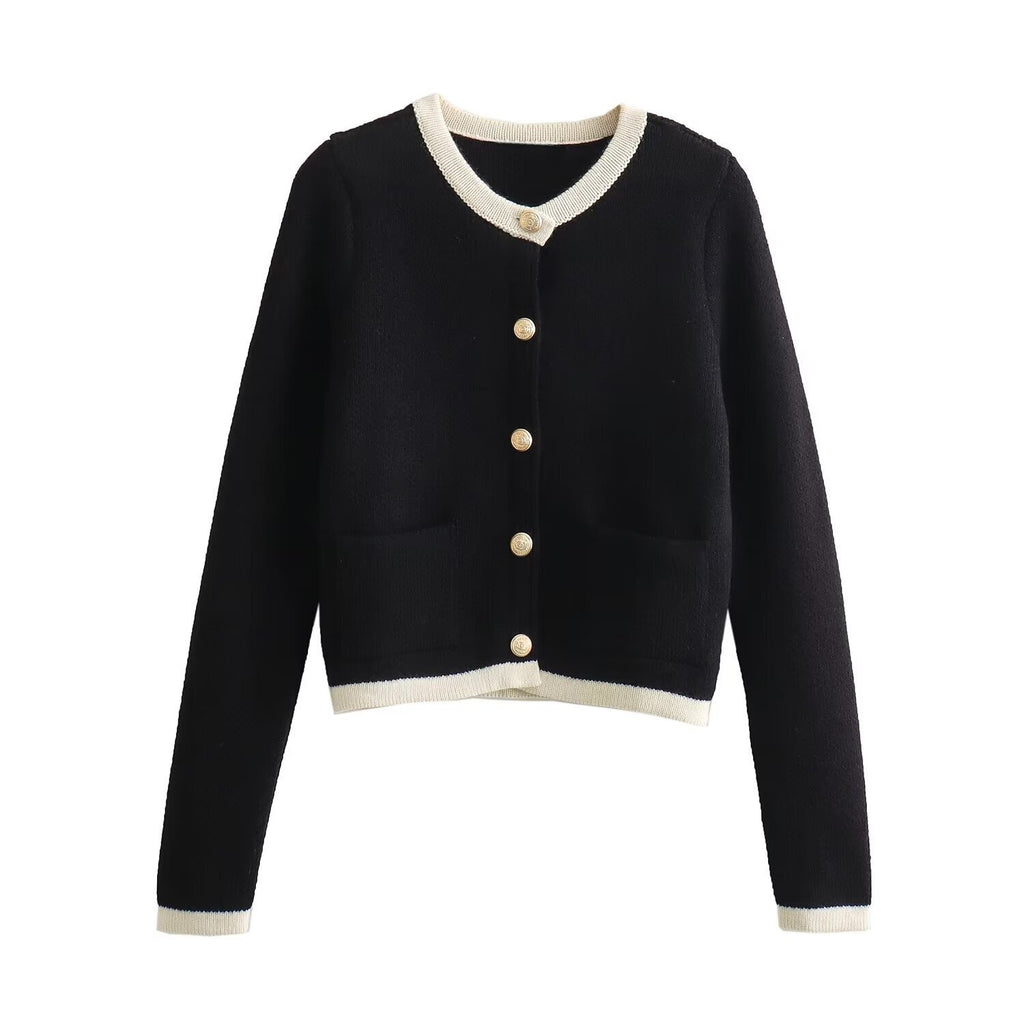 Cropped Knit Cardigan With Patch Pockets - Black