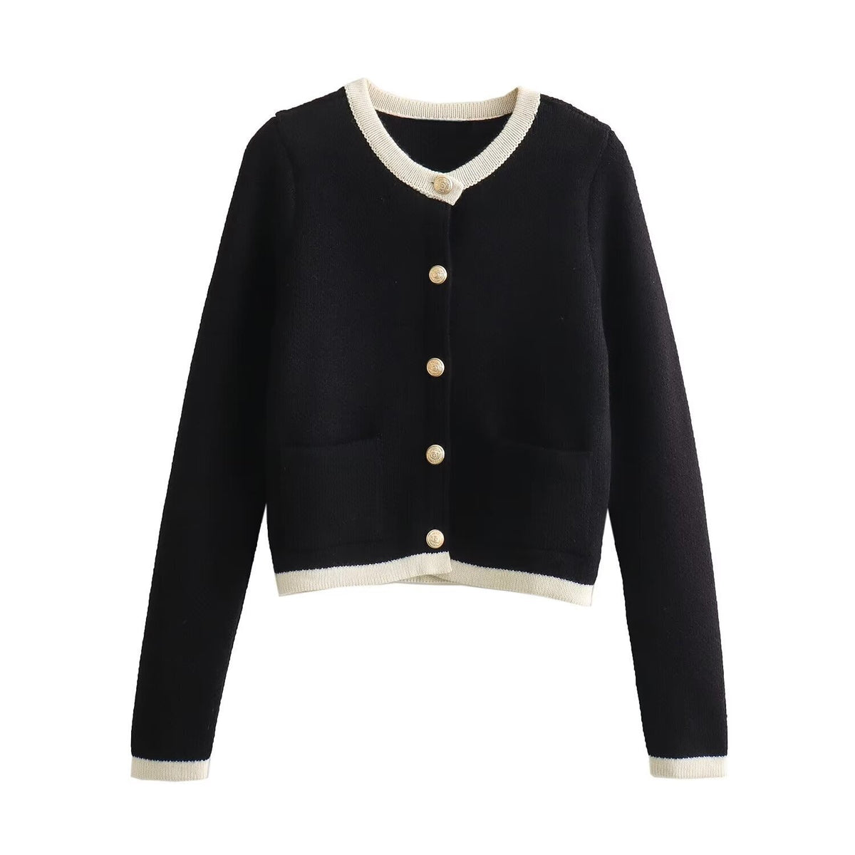 Cropped Knit Cardigan With Patch Pockets - Black