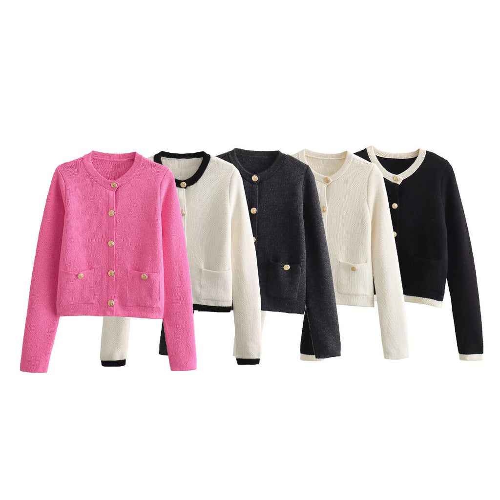 Cropped Knit Cardigan With Patch Pockets - Black - 1