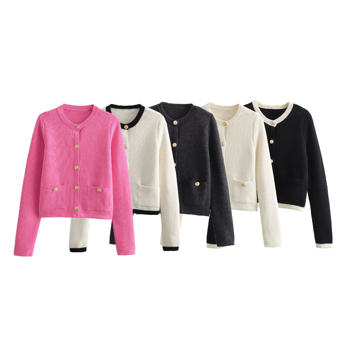 Cropped Knit Cardigan With Patch Pockets - Black - 1