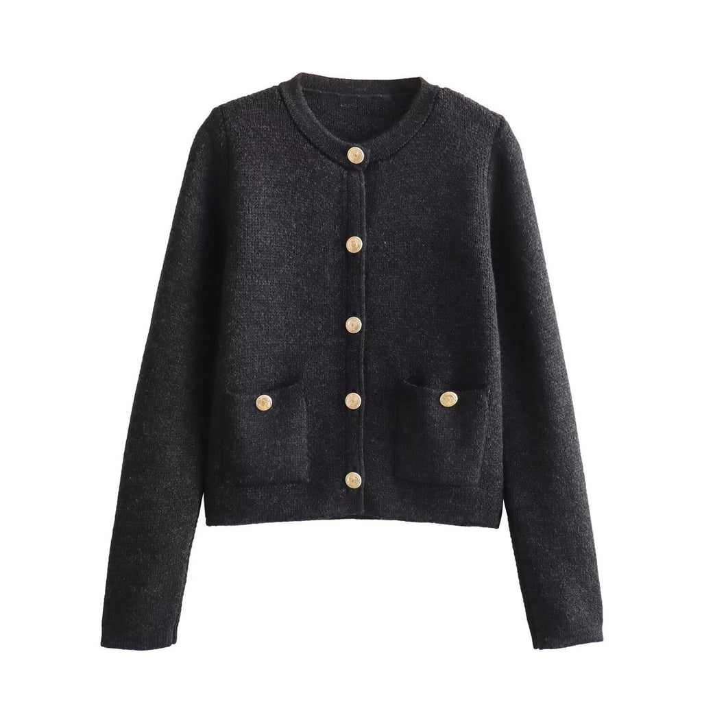 Cropped Knit Cardigan With Patch Pockets - Darkgrey