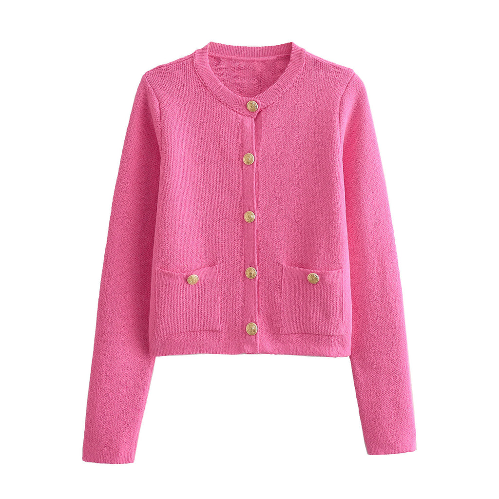 Cropped Knit Cardigan With Patch Pockets - Rosered