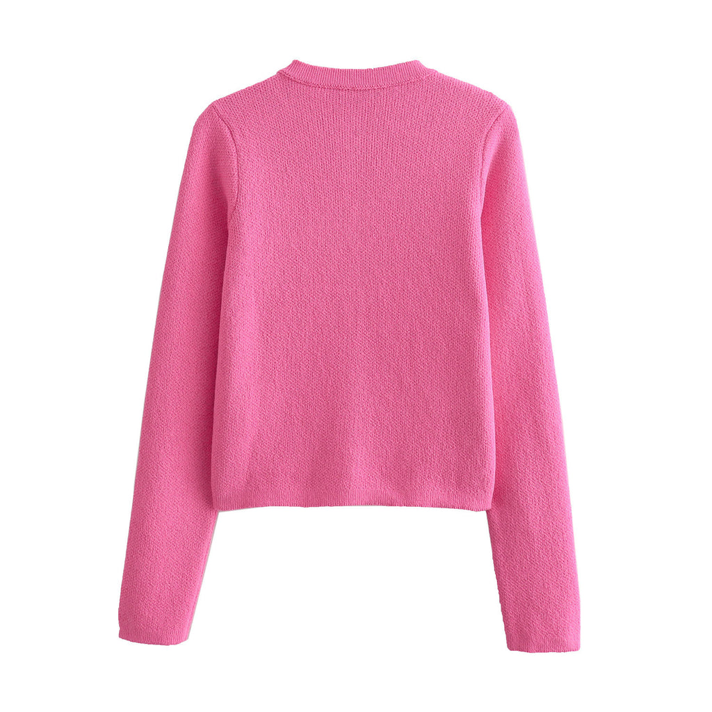 Cropped Knit Cardigan With Patch Pockets - Rosered - 1