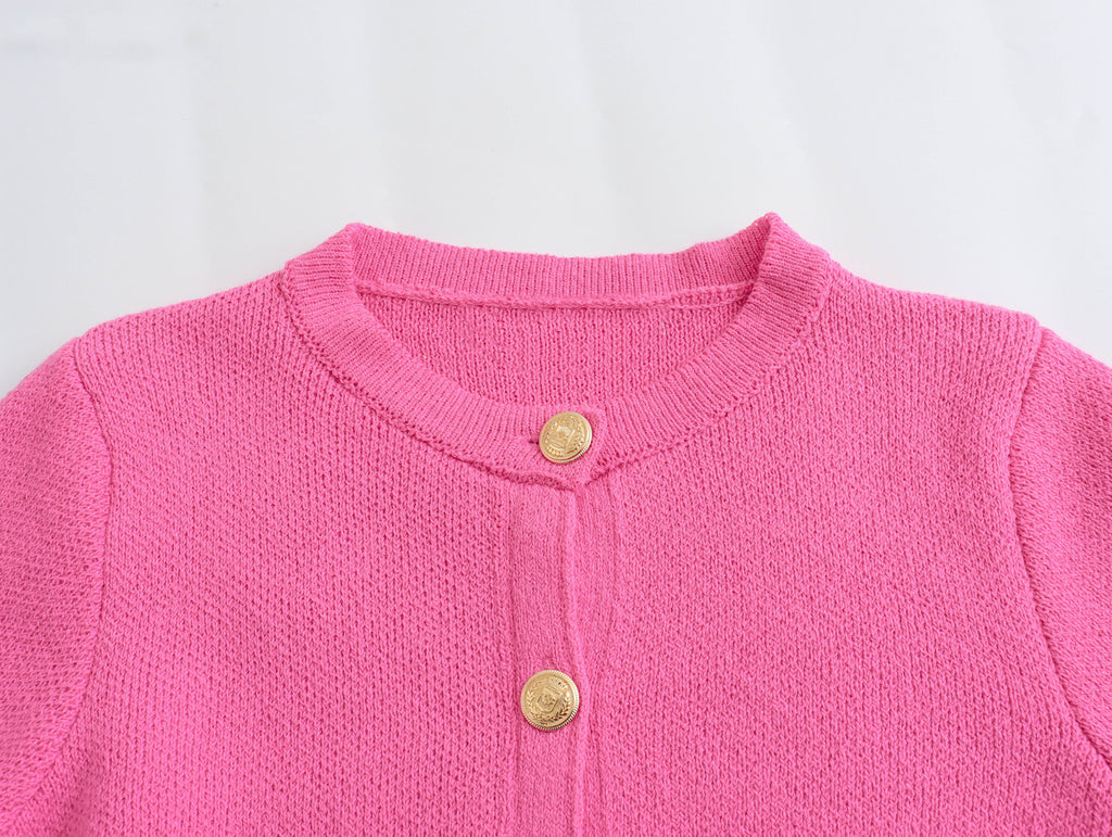 Cropped Knit Cardigan With Patch Pockets - Rosered - 2