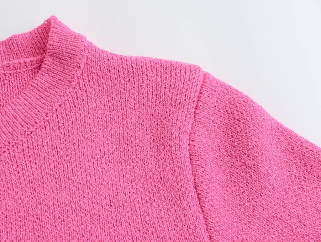 Cropped Knit Cardigan With Patch Pockets - Rosered - 3