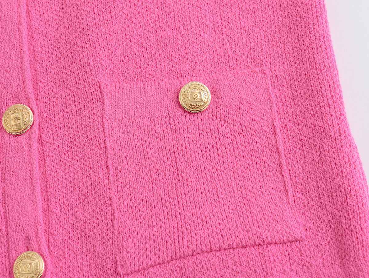 Cropped Knit Cardigan With Patch Pockets - Rosered - 6