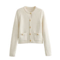 Cropped Knit Cardigan With Patch Pockets - White