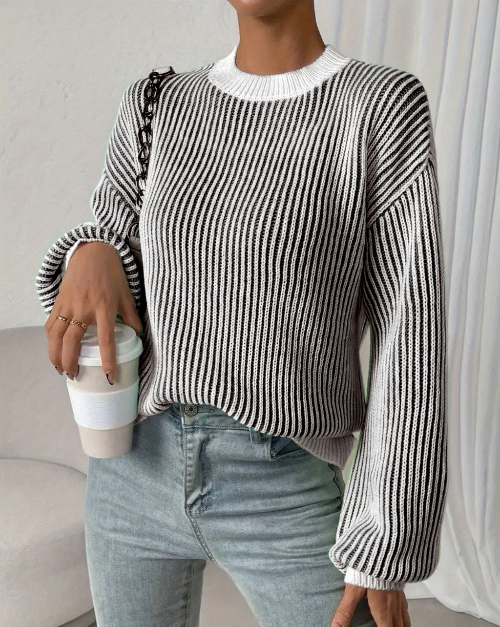 Vertical Stripe Contrast Trim Knit Sweater - Black