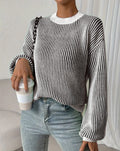 Vertical Stripe Contrast Trim Knit Sweater - Black