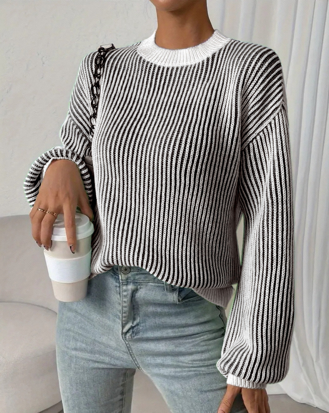 Vertical Stripe Contrast Trim Knit Sweater - Black