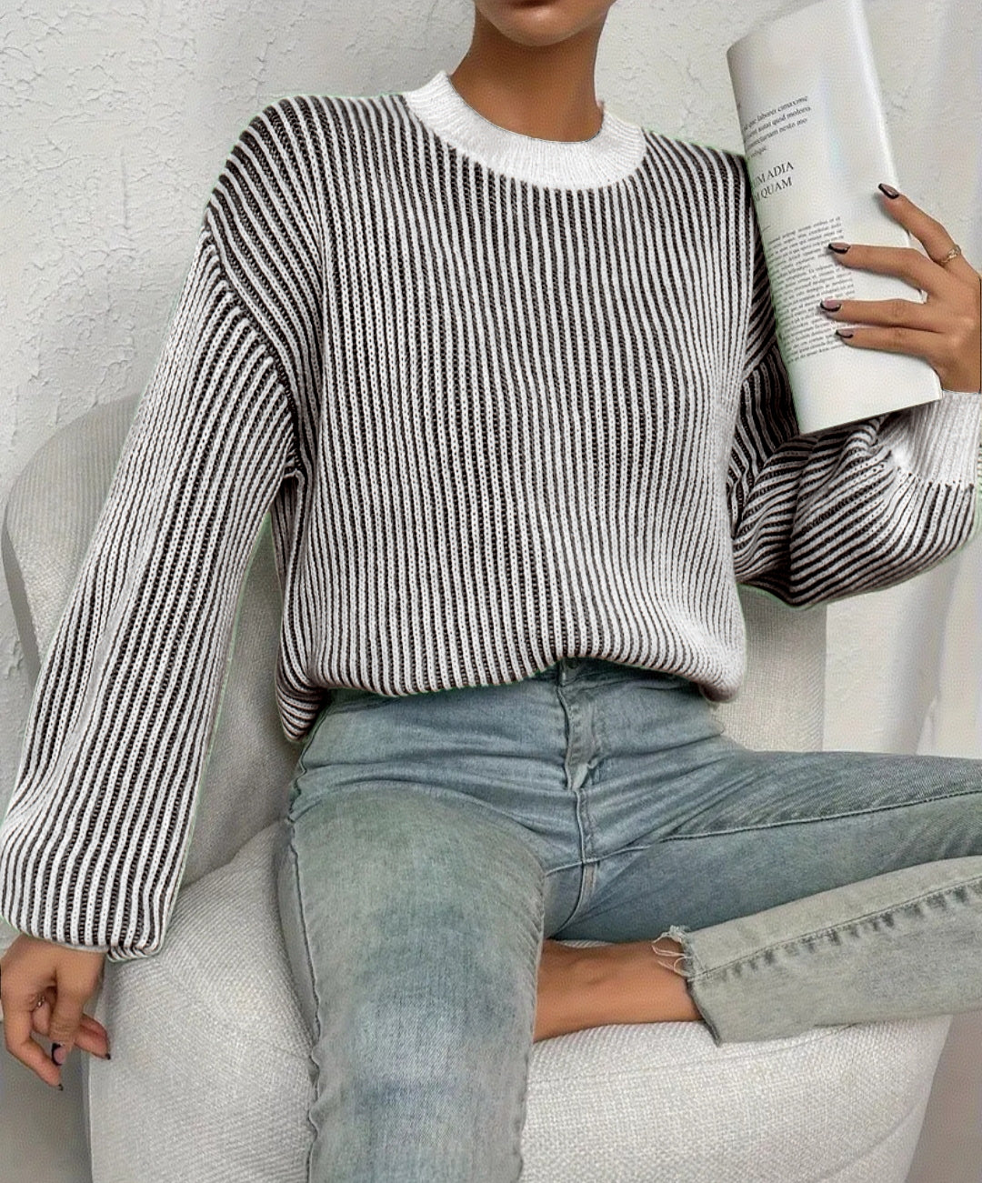 Vertical Stripe Contrast Trim Knit Sweater - Black - 1