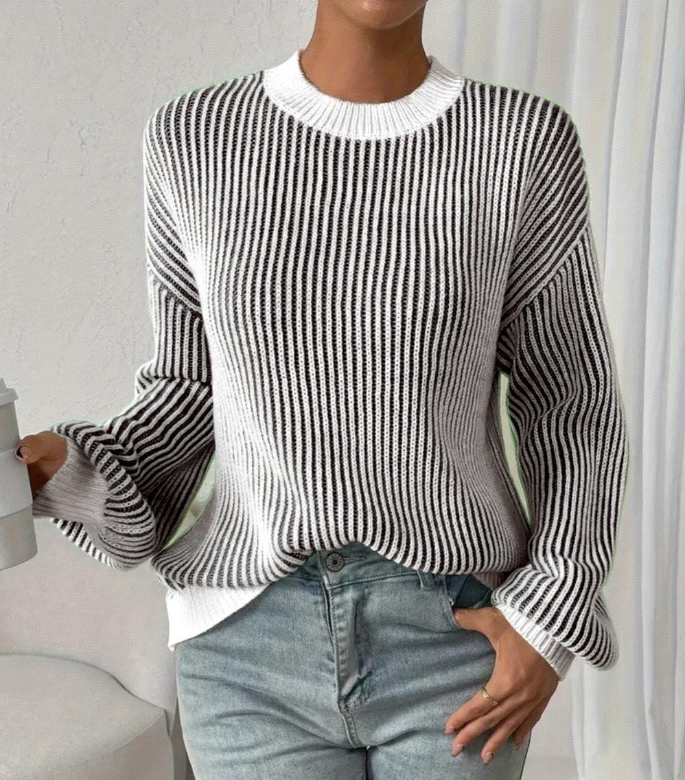 Vertical Stripe Contrast Trim Knit Sweater - Black - 2