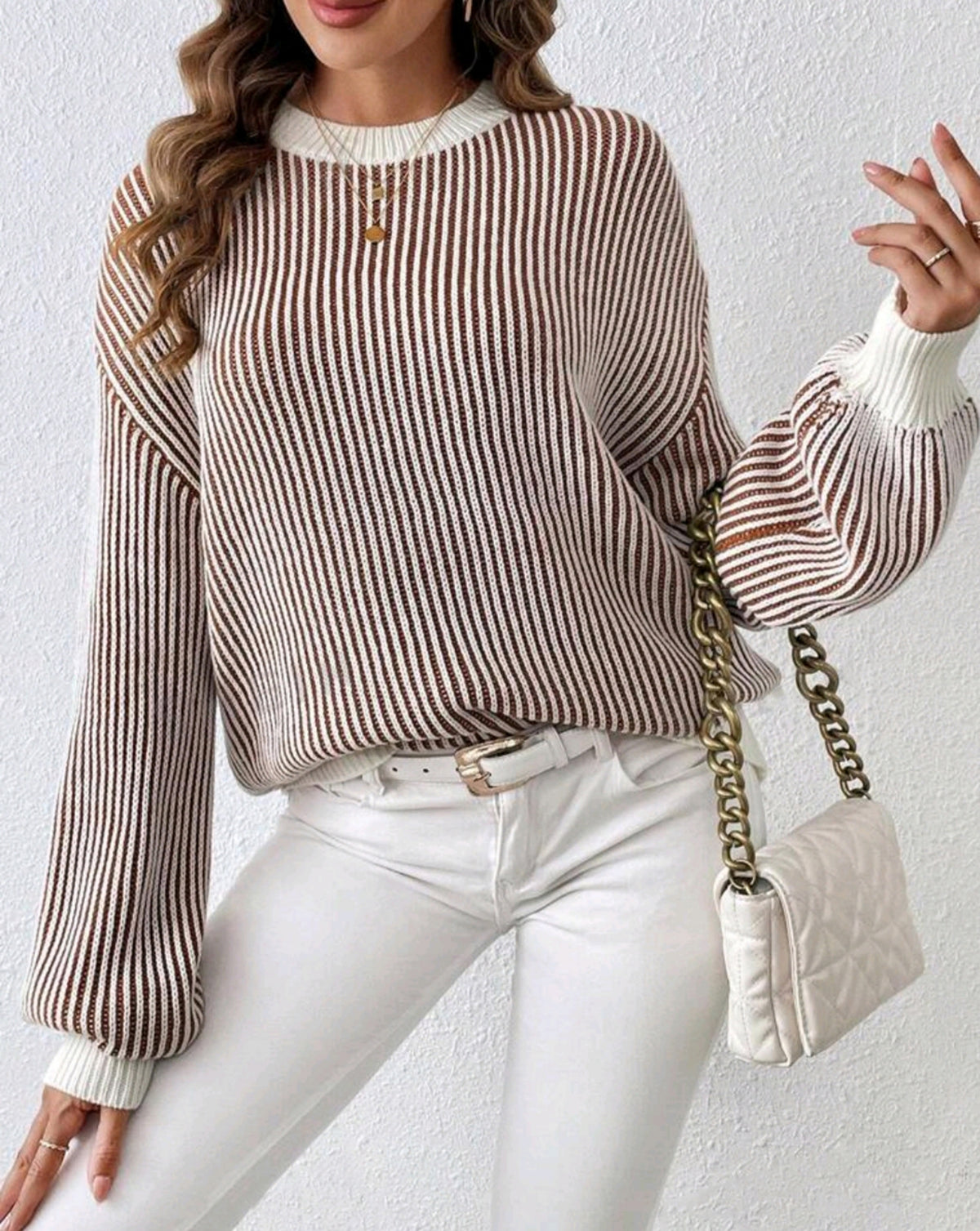 Vertical Stripe Contrast Trim Knit Sweater - Brown