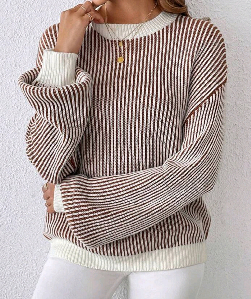 Vertical Stripe Contrast Trim Knit Sweater - Brown - 1