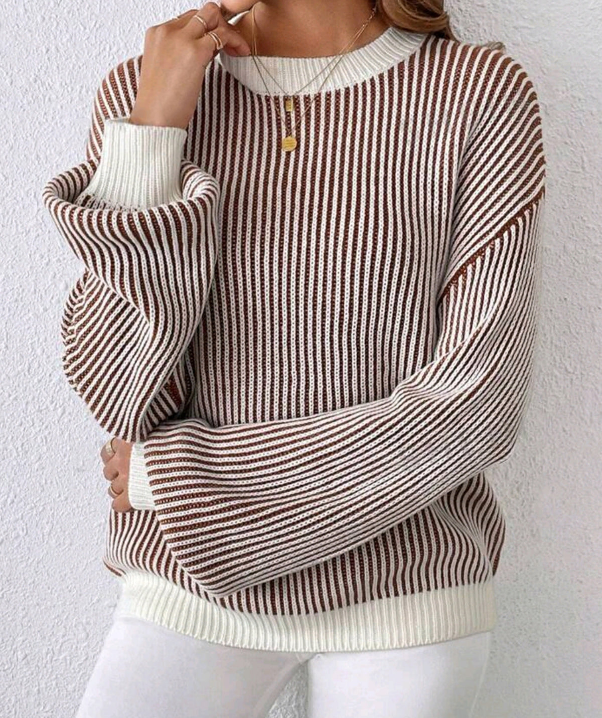 Vertical Stripe Contrast Trim Knit Sweater - Brown - 1