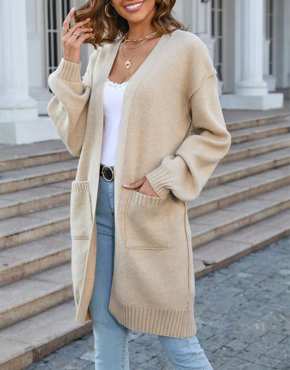Open Front Duster Cardigan With Patch Pockets - Khaki - 2