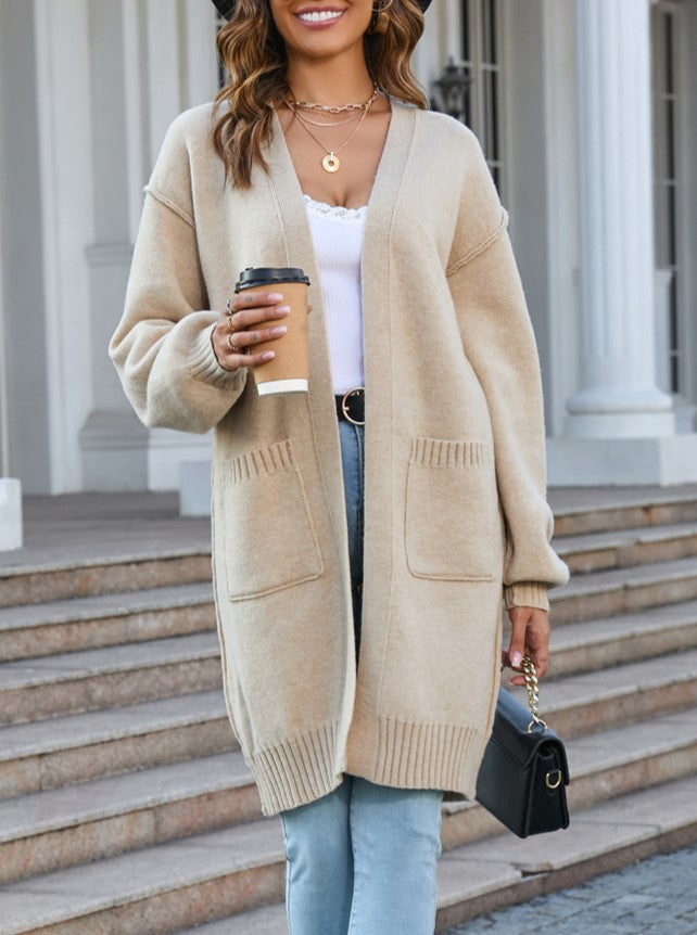 Open Front Duster Cardigan With Patch Pockets - Khaki - 3